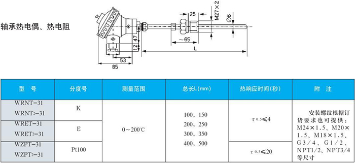 電站測溫熱電偶軸承規格表